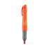 An orange highlighter pen with a grey grip, featuring a logo on the barrel.