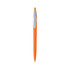 An orange plastic pen with a silver clip and a smooth design, featuring a logo on its barrel.