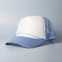 A blue and white trucker cap with a mesh back and a curved brim, featuring a logo on the front.