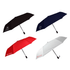 Four umbrellas in black, navy, red, and white, each with a logo on the canopy.