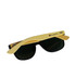 Bamboo sunglasses with black lenses and a timber effect frame, featuring a logo on one side.
