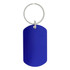 A blue dog tag keychain with a silver metal ring. It has a smooth, glossy finish.