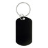 A black dog tag keychain with a metal ring for attachment. The keychain has a smooth, blank surface.