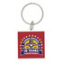 A square acrylic keychain featuring a logo on a red background with a ring for attachment.