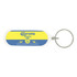 An oval acrylic keychain featuring blue, yellow, and white colours, with a metal keyring attachment.