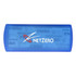 A blue bandage dispenser with a logo, featuring a clear window to view the bandages inside.