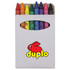 A box containing a set of multi-coloured crayons, featuring shades like orange, purple, and green, with a logo on the front.