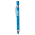A blue metal pen with silver accents and a clip, featuring a logo on the barrel.