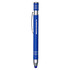 A blue metal pen featuring a silver clip and accents, with a branding logo on the side.