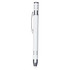 A white metal pen with chrome accents and a clip, featuring a branding logo.