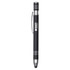 A black metal pen with silver accents and a clip, featuring a branded logo.
