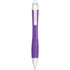 A metallic purple pen with a white clip and grip, featuring a sleek design and a logo.