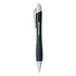 A metallic green pen with a grey grip and silver accents, featuring a logo. Ideal for everyday writing tasks.