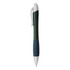 A metallic green pen with a silver clip and a textured grip, featuring a logo on the barrel.