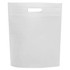 A white non-woven gift bag with a cut-out handle and a smooth texture, featuring a logo on the front.