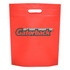 A bright red non-woven gift bag with a sturdy handle and a logo on the front.