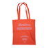 An orange tote bag with shoulder straps and a printed logo and text design.