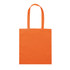 An orange tote bag with two handles and a blank surface, featuring a logo.