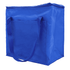 A blue insulated grocery bag with sturdy handles and a zip closure, featuring a front pocket and a logo.