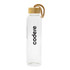 A drink bottle with a clear body, wooden cap, and a rope handle, featuring a logo.