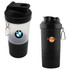 A drink bottle featuring a clear section with a black lid and base, equipped with a carabiner and branding.
