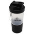 A drink bottle with a transparent body and black accents, featuring a logo and a carabiner clip.