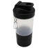 A drink bottle with a clear body and black accents, featuring a screw-top lid and a carabiner clip.