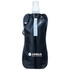 A drink bottle in black, featuring a plastic spout and a carabiner. It has a logo on the front.