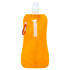 A drink bottle in bright orange with a spray nozzle and a carabiner attachment, featuring a logo.