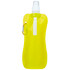 A drink bottle in bright yellow, featuring a secure cap and a carabiner clip. It has a logo on the side.