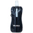 A drink bottle in black, with a spout and a carabiner clip, featuring a logo.