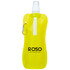A drink bottle in bright yellow, featuring a spout and a clip attachment, with a branded logo.