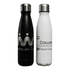 A drink bottle set featuring a black and a white stainless steel water bottle, each with a logo.