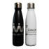 A drink bottle set featuring a black and a white 500ml design, each with a stainless steel cap and branding.