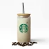 A drink bottle with a wooden lid and metal straw, featuring a logo, surrounded by coffee beans.