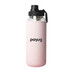 A drink bottle with a transparent body, black lid, and a pink sleeve. It features a logo on the front.