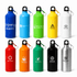 A drink bottle collection featuring various colours: blue, yellow, green, white, and stainless steel, each with a logo and a keyring.