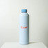 A drink bottle in light blue with a matching lid, featuring a logo in pink.