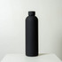 A drink bottle with a sleek, matte black finish and a round cap, featuring a logo.