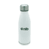 A drink bottle in white with a stainless steel cap and a logo on the front.