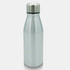 A drink bottle made of stainless steel with a silver finish and a rounded metal cap. It features a logo.