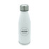 A drink bottle made of white aluminium with a silver lid and a logo area in the centre.