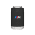 A black stubby cooler with a silver base, featuring a branded logo on the front.