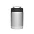 A stainless steel stubby cooler with a black silicone band, featuring a logo. Ideal for keeping drinks cold.