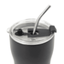 A drink bottle in matte black with a clear lid and stainless steel straw, featuring a logo.