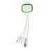 A green and white 4-in-1 charging cable with multiple connectors for different devices, featuring a logo on the head.