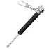 A black and silver tyre gauge keychain with a keyring attachment, featuring a measuring strip.