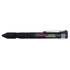 A black stylus pen featuring a clip and a textured grip, with a branding logo on its side.