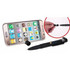 A black stylus pen is positioned alongside a smartphone, with a close-up of its detachable tip, featuring a logo.