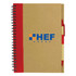 A recycled paper notebook with a brown cover and red spiral binding, featuring a logo on the front.